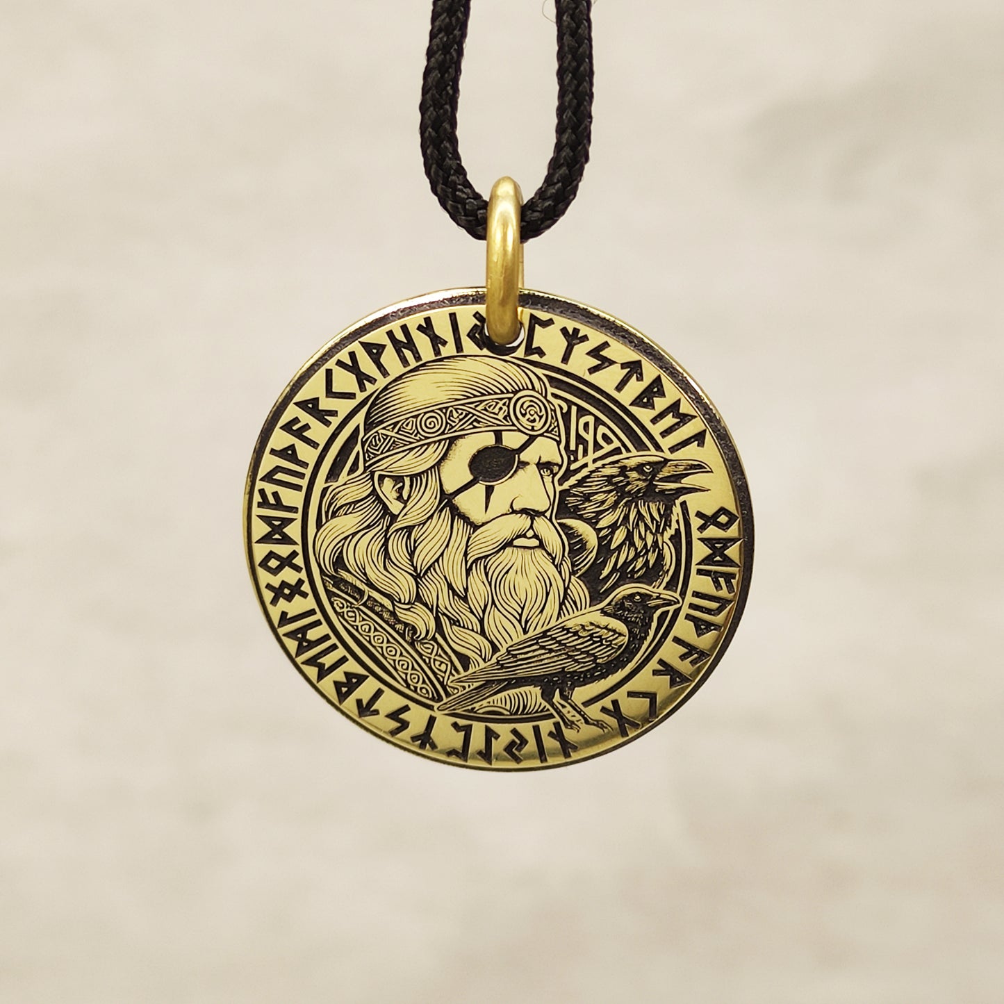 Brass Odin Coin Pendant with Runes and Personalization