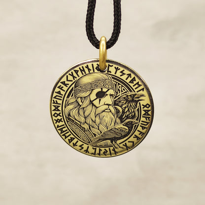 Brass Odin Coin Pendant with Runes and Personalization