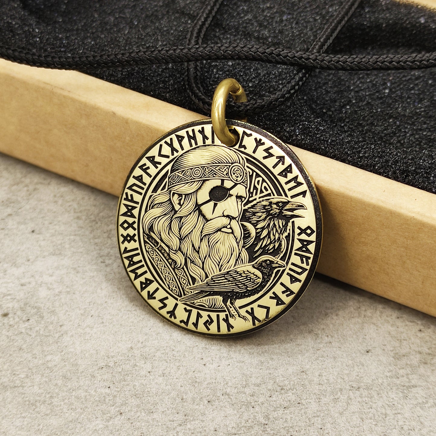 Brass Odin Coin Pendant with Runes and Personalization