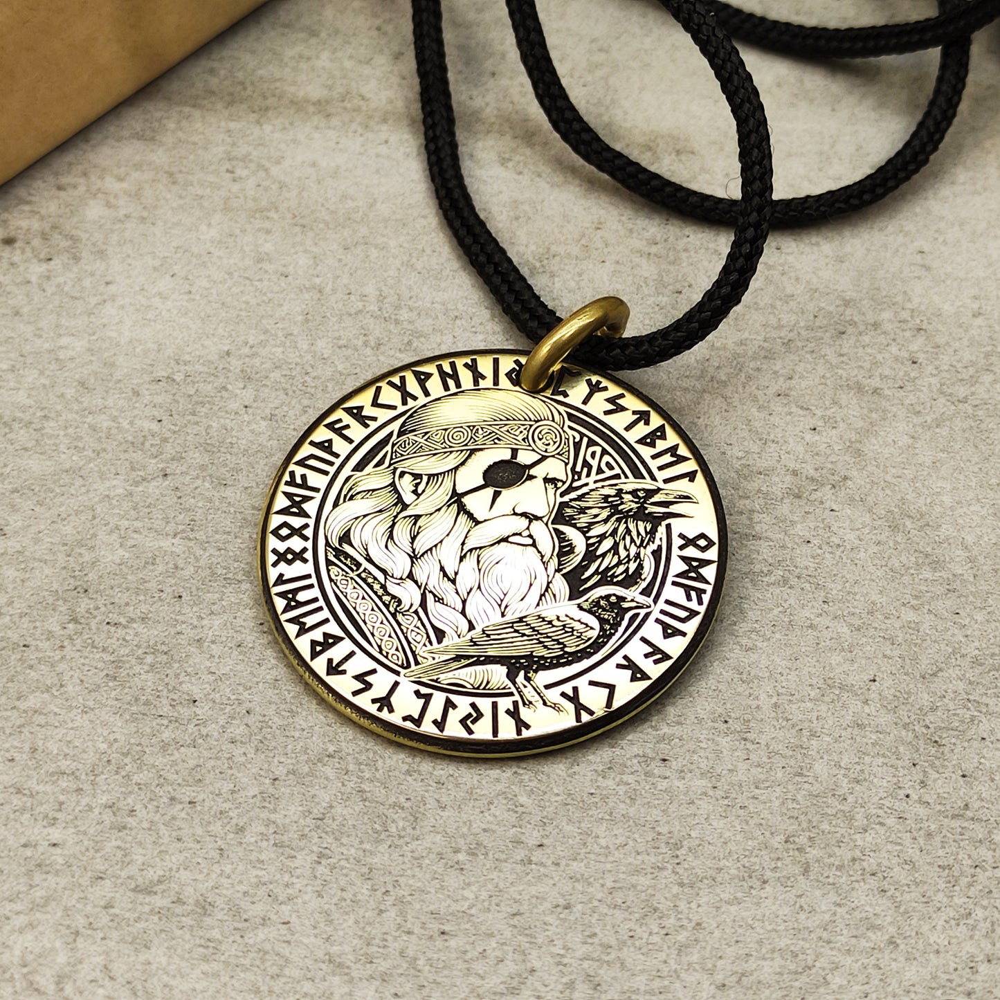 Brass Odin Coin Pendant with Runes and Personalization