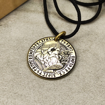 Brass Odin Coin Pendant with Runes and Personalization