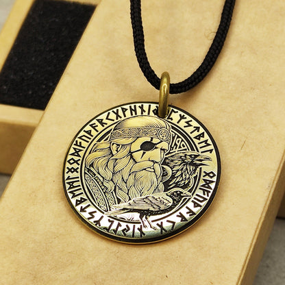 Brass Odin Coin Pendant with Runes and Personalization
