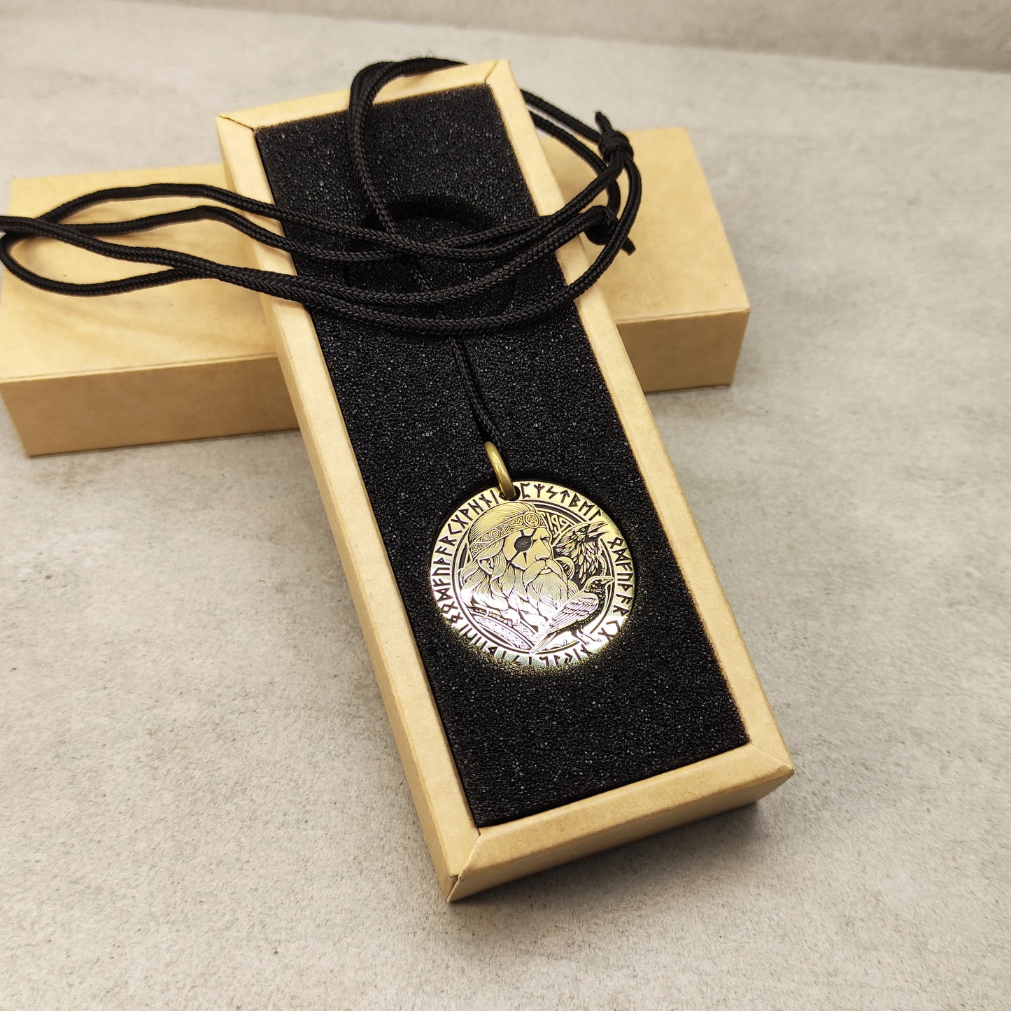 Brass Odin Coin Pendant with Runes and Personalization