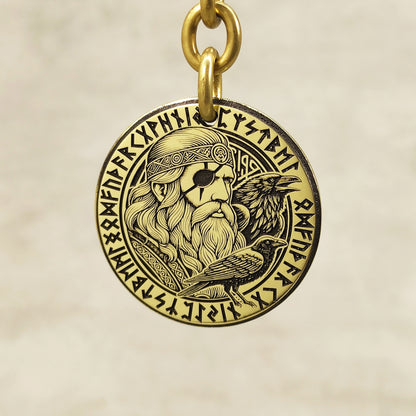 Brass Keychain Coin "Odin with Ravens" – Personalized Norse Protection Amulet