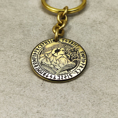 Brass Keychain Coin "Odin with Ravens" – Personalized Norse Protection Amulet