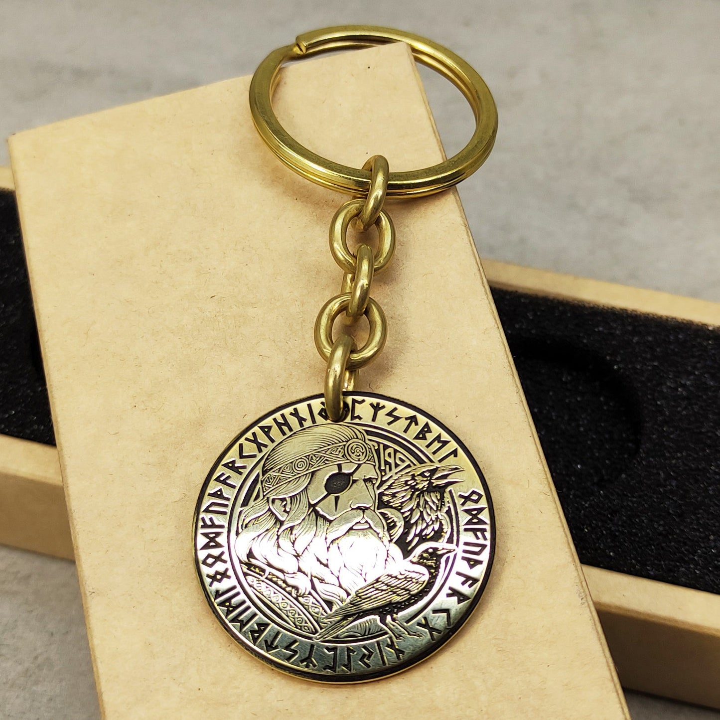 Brass Keychain Coin "Odin with Ravens" – Personalized Norse Protection Amulet