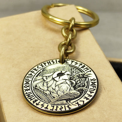 Brass Keychain Coin "Odin with Ravens" – Personalized Norse Protection Amulet