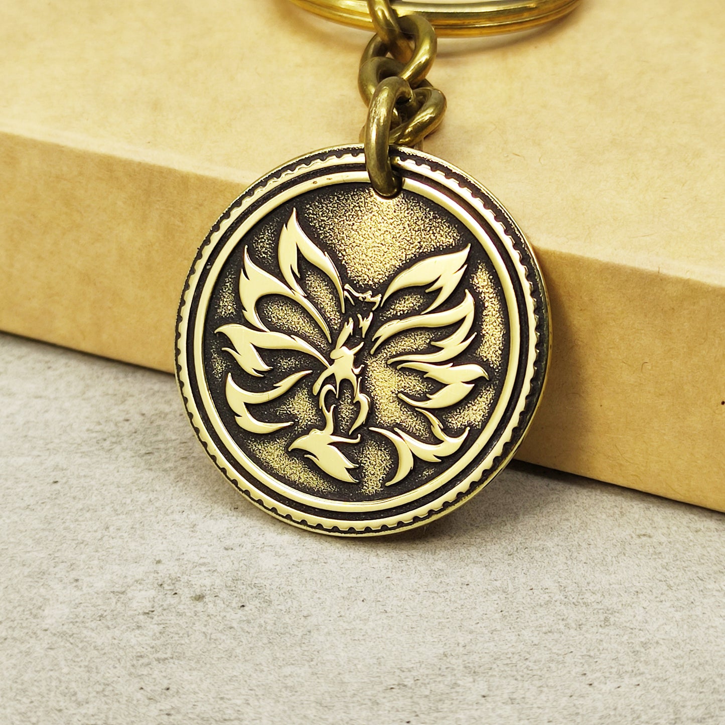 Brass Coin Keychain "Kitsune" - Japanese Mythological Talisman with Engraving and Personalization