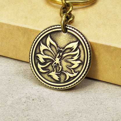 Brass Coin Keychain "Kitsune" - Japanese Mythological Talisman with Engraving and Personalization