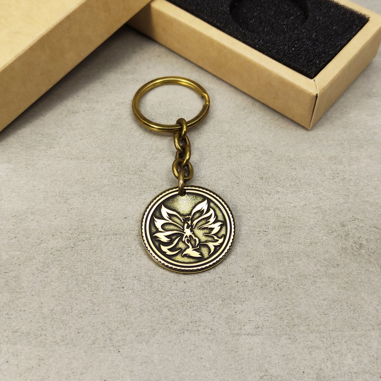 Brass Coin Keychain "Kitsune" - Japanese Mythological Talisman with Engraving and Personalization