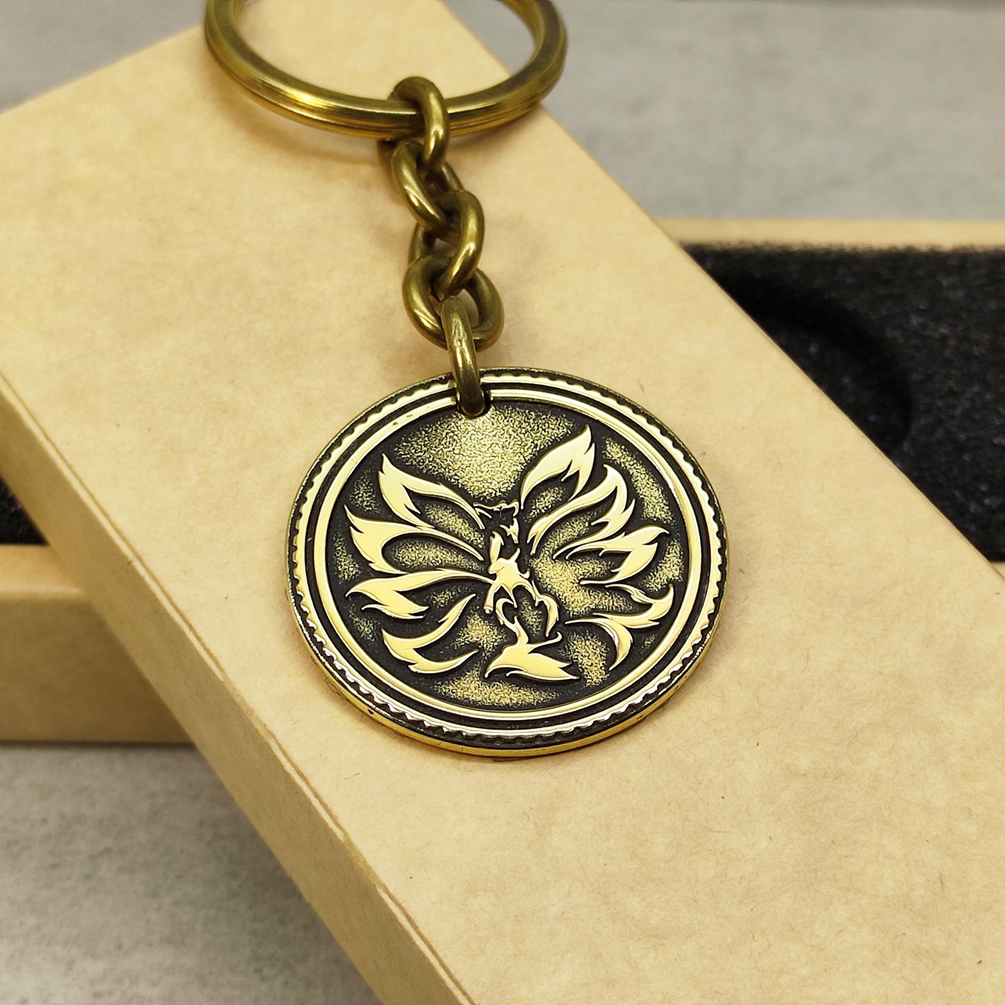 Brass Coin Keychain "Kitsune" - Japanese Mythological Talisman with Engraving and Personalization