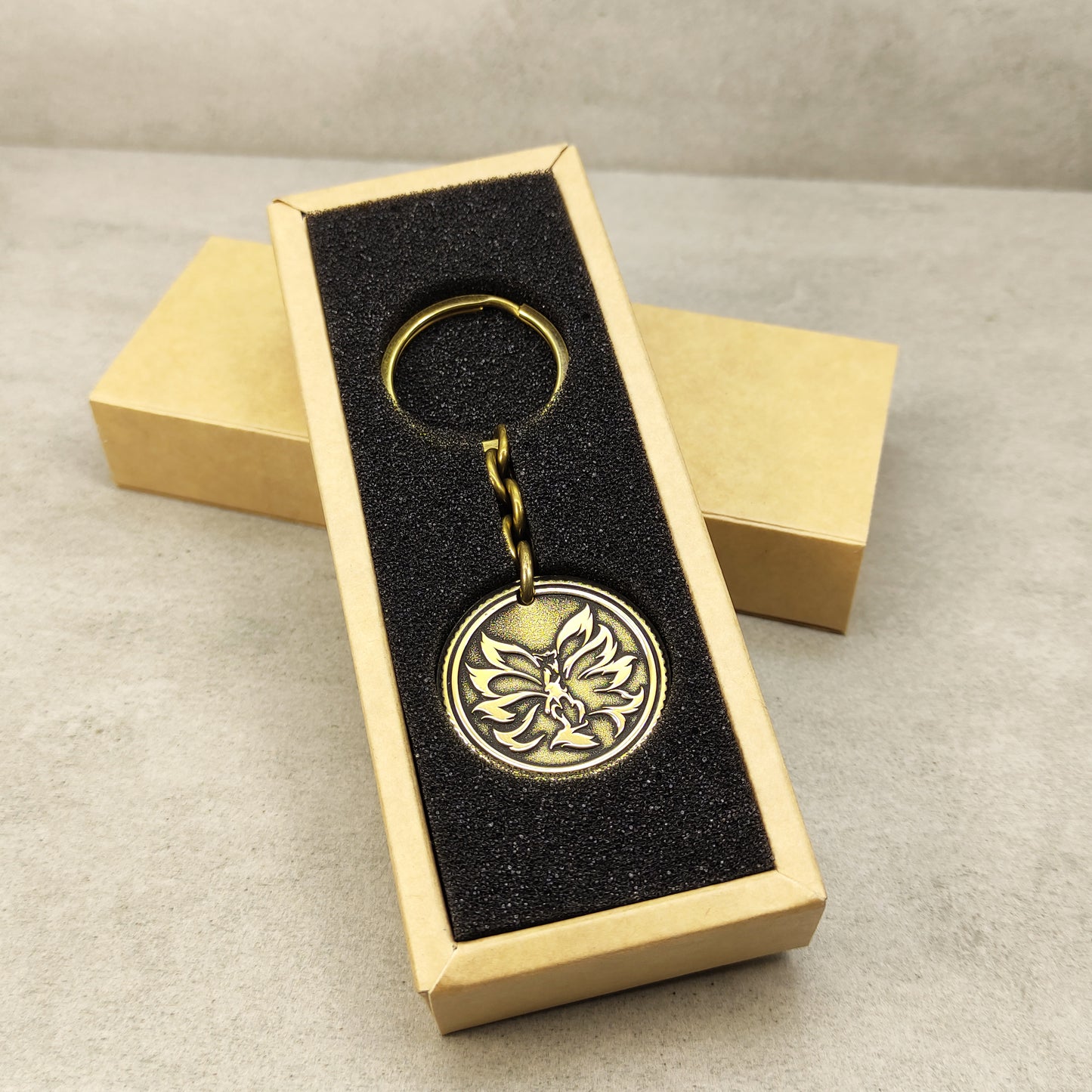 Brass Coin Keychain "Kitsune" - Japanese Mythological Talisman with Engraving and Personalization