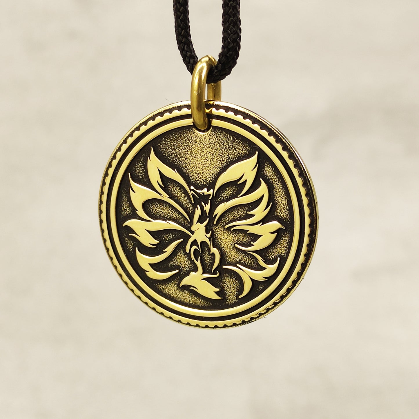Brass Pendant Coin "Nine-Tailed Fox Kitsune Zenko Yako" — Mystic Amulet with Personalization