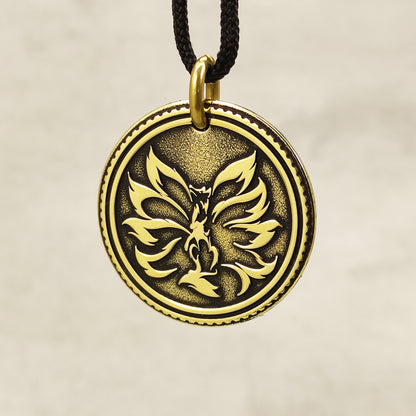 Brass Pendant Coin "Nine-Tailed Fox Kitsune Zenko Yako" — Mystic Amulet with Personalization