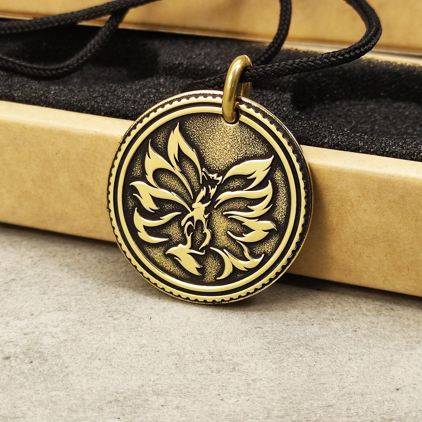 Brass Pendant Coin "Nine-Tailed Fox Kitsune Zenko Yako" — Mystic Amulet with Personalization