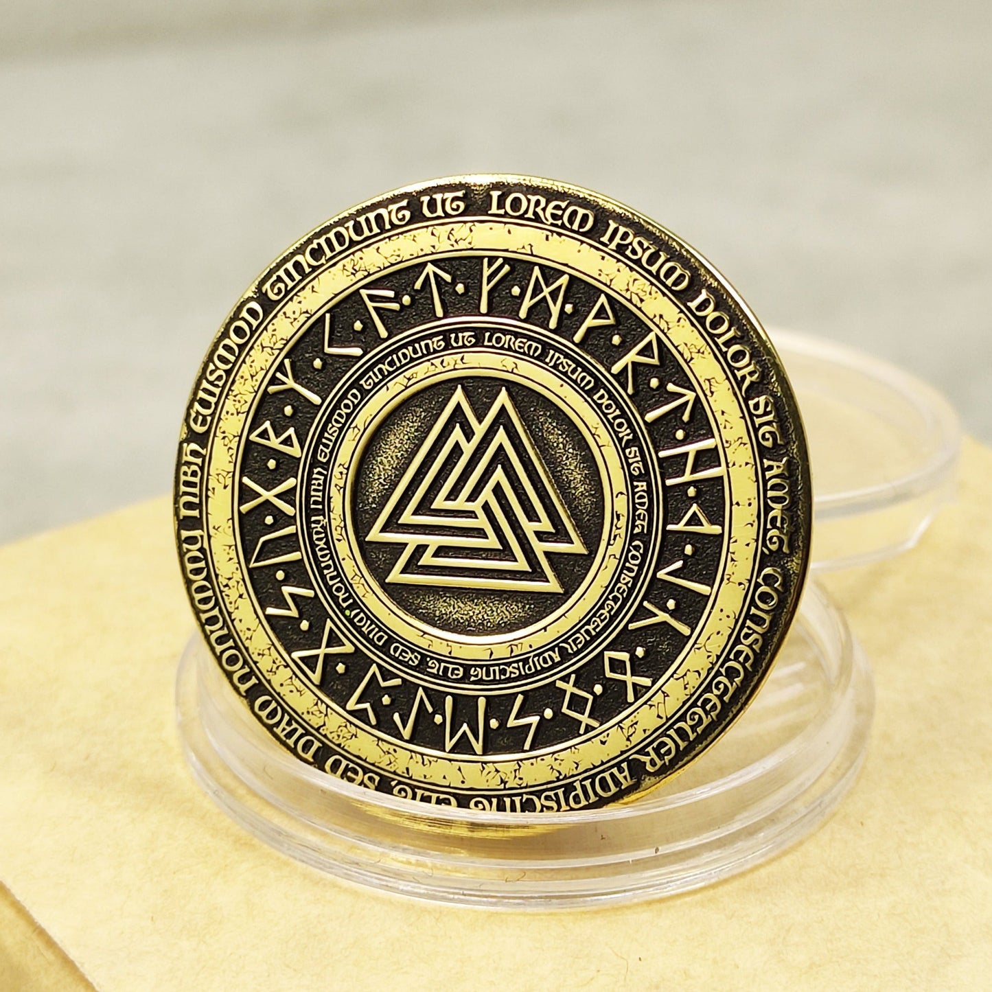 Brass Coin "Valknut" with Elder Futhark Runes and Custom Engraving – Norse Amulet of Strength and Courage