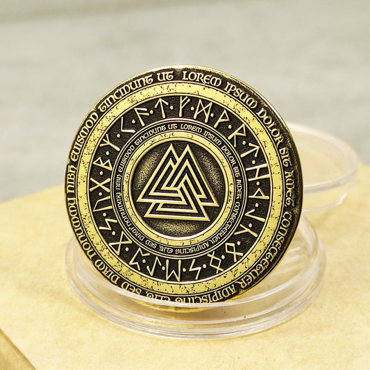 Brass Coin "Valknut" with Elder Futhark Runes and Custom Engraving – Norse Amulet of Strength and Courage