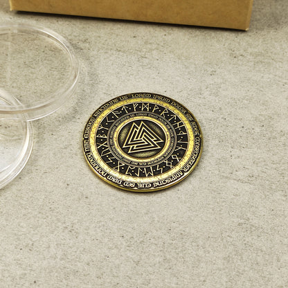 Brass Coin "Valknut" with Elder Futhark Runes and Custom Engraving – Norse Amulet of Strength and Courage