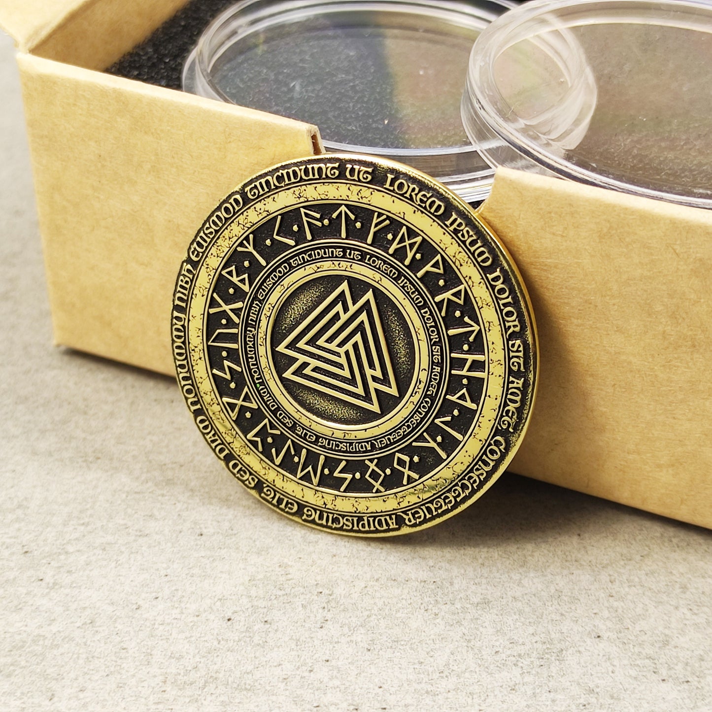 Brass Coin "Valknut" with Elder Futhark Runes and Custom Engraving – Norse Amulet of Strength and Courage
