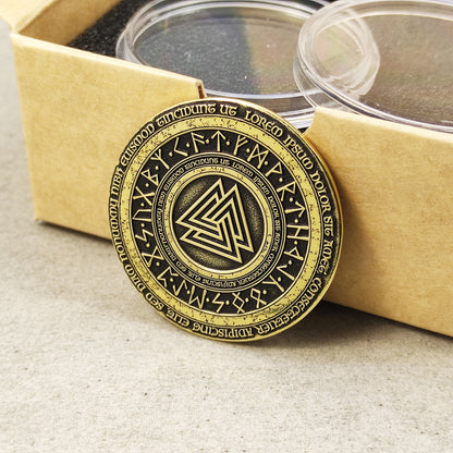Brass Coin "Valknut" with Elder Futhark Runes and Custom Engraving – Norse Amulet of Strength and Courage