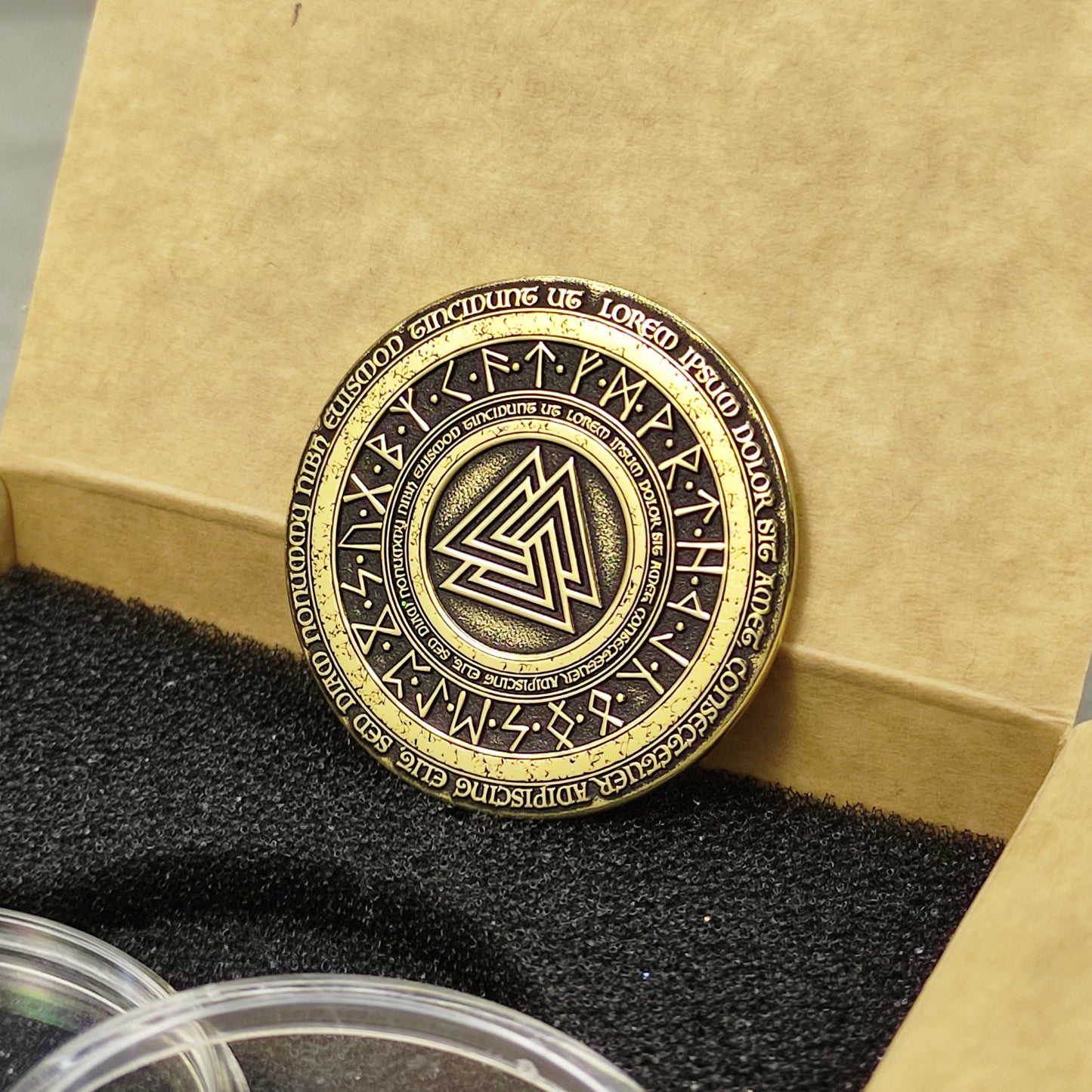 Brass Coin "Valknut" with Elder Futhark Runes and Custom Engraving – Norse Amulet of Strength and Courage