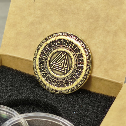 Brass Coin "Valknut" with Elder Futhark Runes and Custom Engraving – Norse Amulet of Strength and Courage