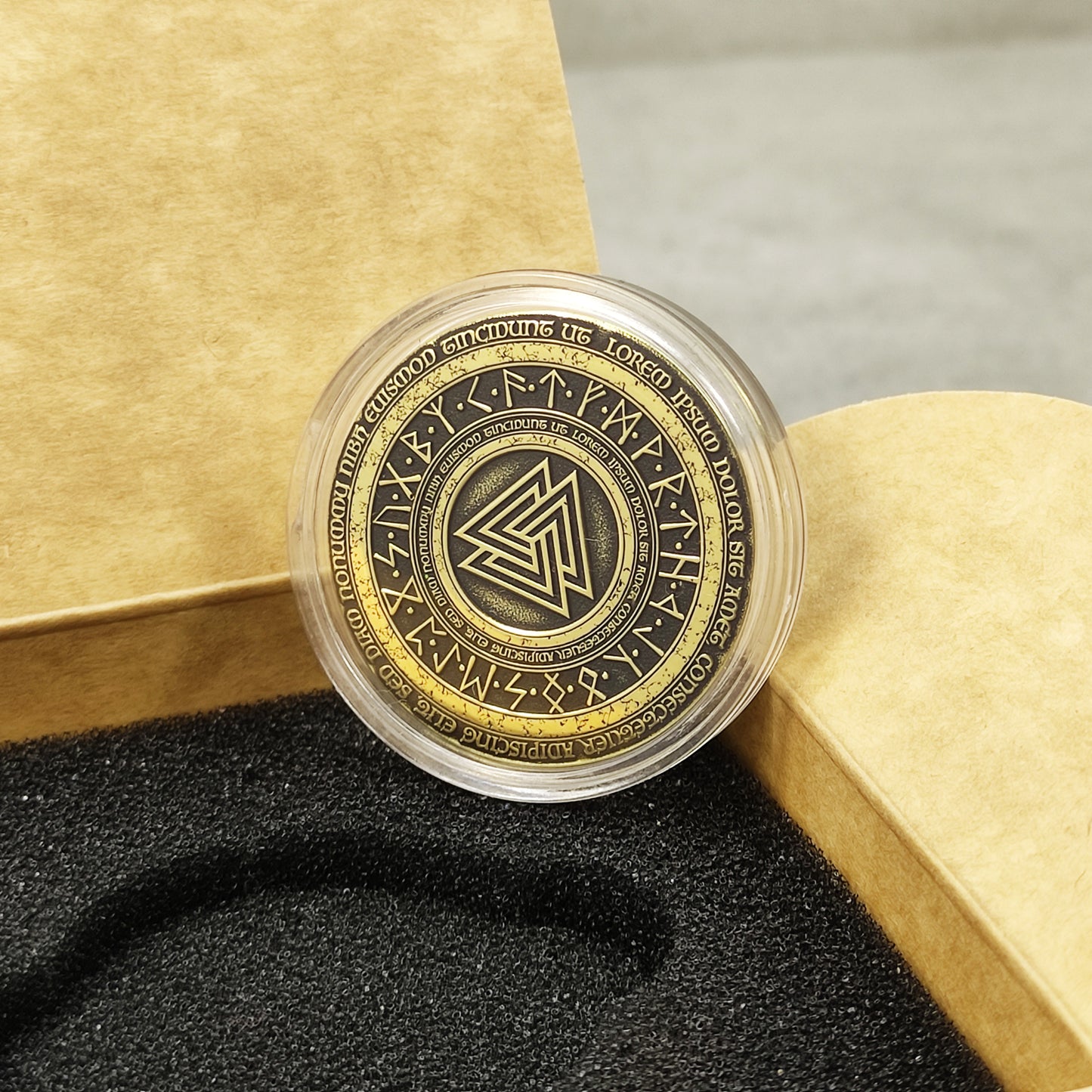Brass Coin "Valknut" with Elder Futhark Runes and Custom Engraving – Norse Amulet of Strength and Courage