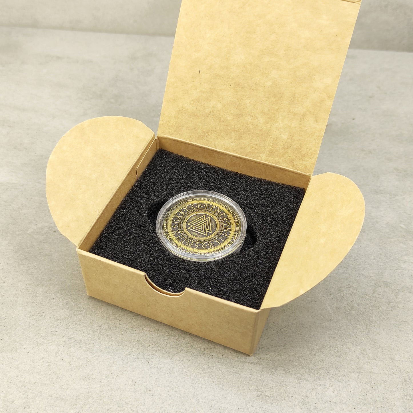 Brass Coin "Valknut" with Elder Futhark Runes and Custom Engraving – Norse Amulet of Strength and Courage