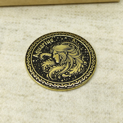 Brass Aquarius Zodiac Coin – Personalized Engraved Astrological Gift