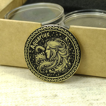 Brass Aquarius Zodiac Coin – Personalized Engraved Astrological Gift