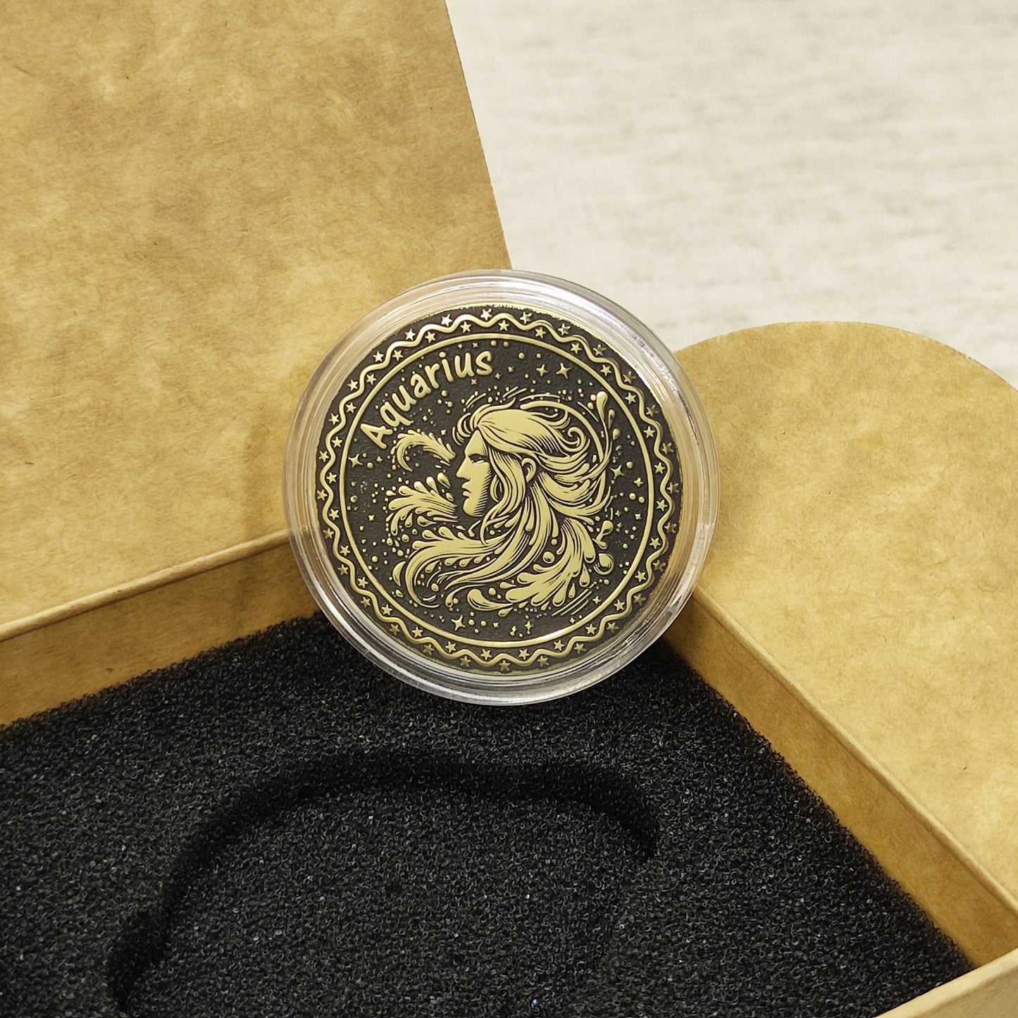 Brass Aquarius Zodiac Coin – Personalized Engraved Astrological Gift