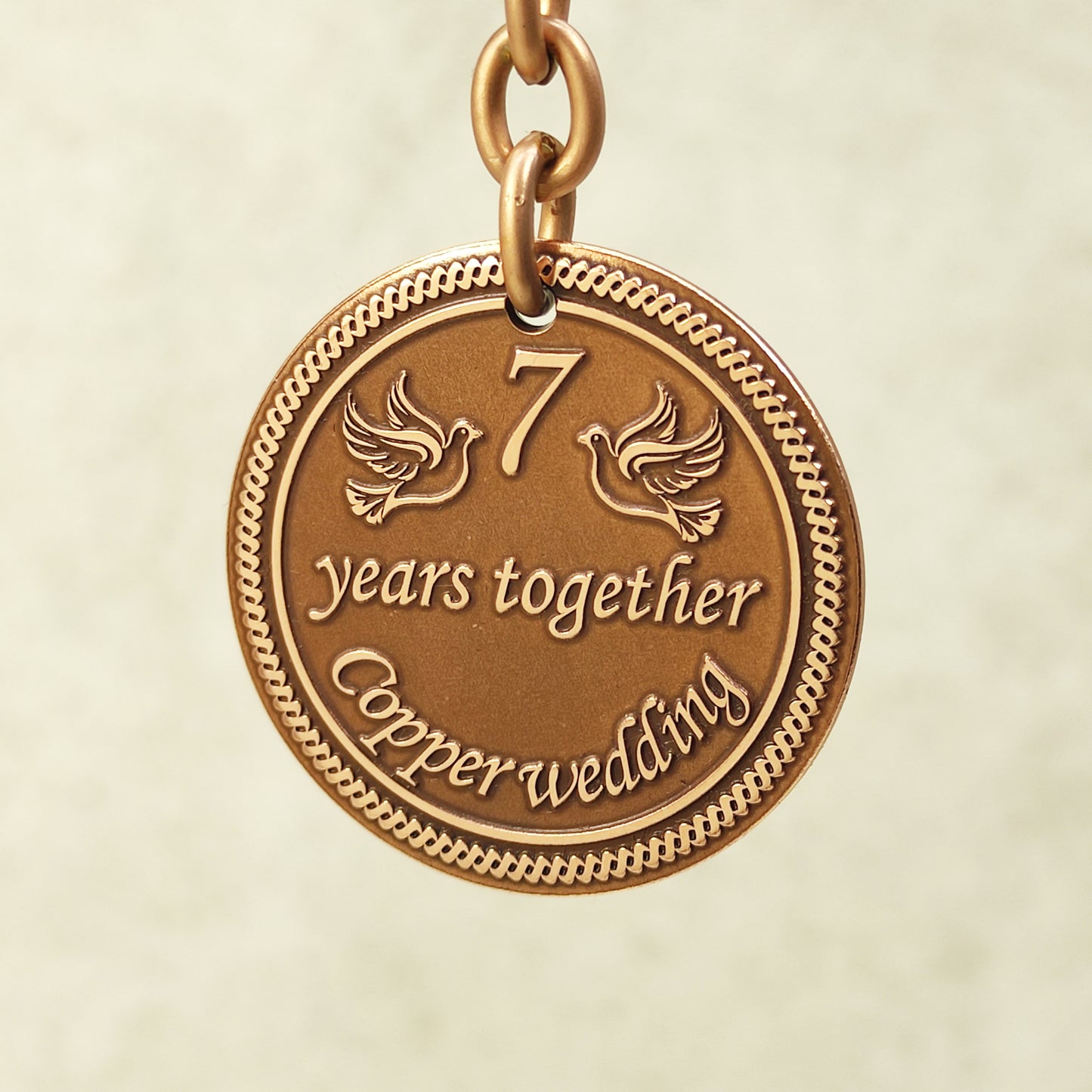 Copper Coin Keychain for 7th Wedding Anniversary with Personalization - 7 Years Together Gift