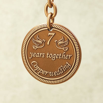 Copper Coin Keychain for 7th Wedding Anniversary with Personalization - 7 Years Together Gift