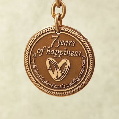 Copper Keychain Coin "7 Years of Happiness" — Personalized 7th Wedding Anniversary Gift for Husband