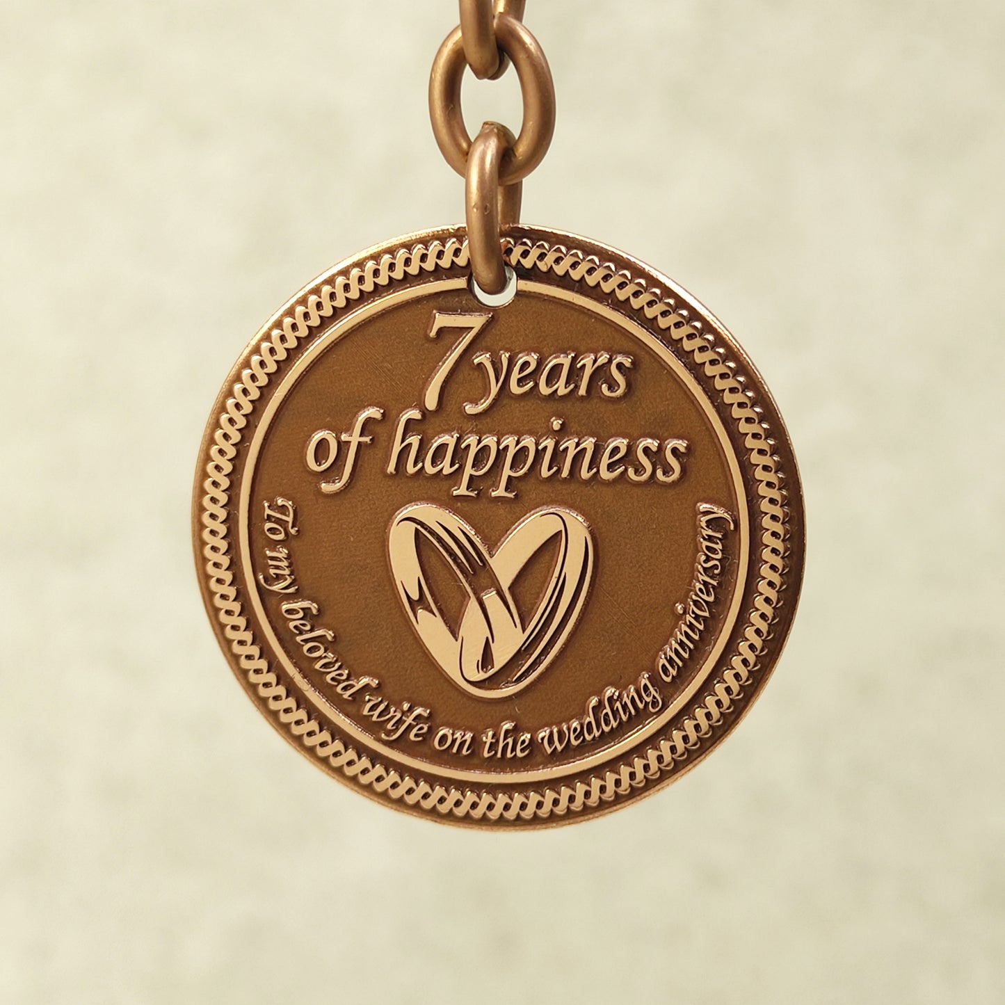 Copper Keychain Coin "7 Years of Happiness" — Personalized 7th Wedding Anniversary Gift for Wife