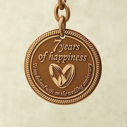 Copper Keychain Coin "7 Years of Happiness" — Personalized 7th Wedding Anniversary Gift for Wife