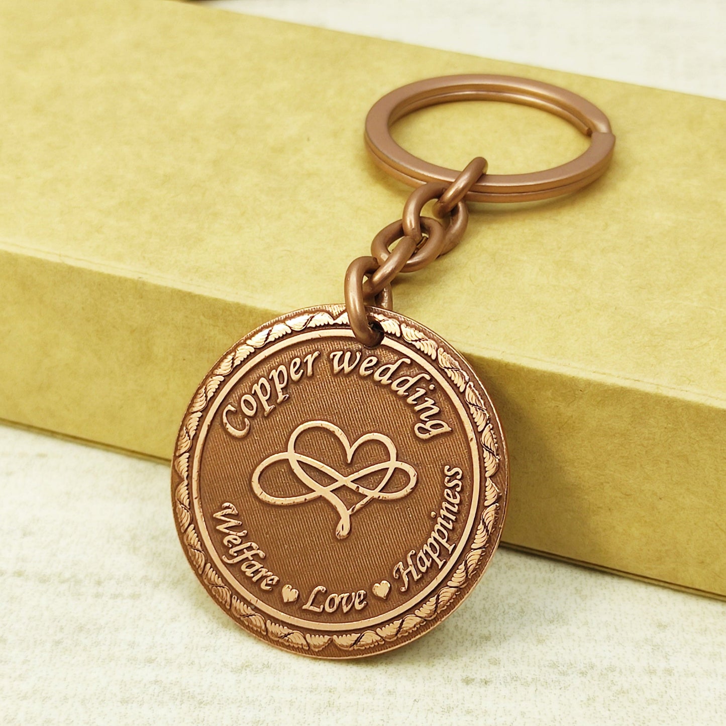 Copper Wedding 7th Anniversary Personalized Copper Coin Keychain - Gift for Couple