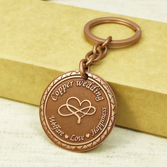 Copper Wedding 7th Anniversary Personalized Copper Coin Keychain - Gift for Couple