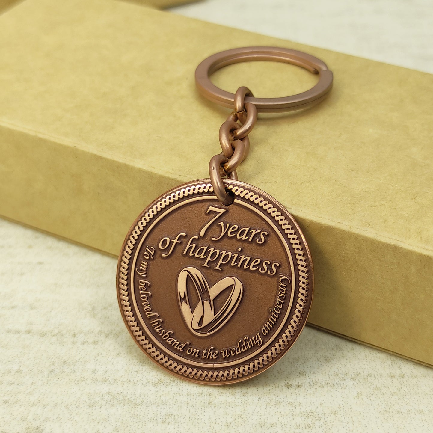 Copper Keychain Coin "7 Years of Happiness" — Personalized 7th Wedding Anniversary Gift for Husband