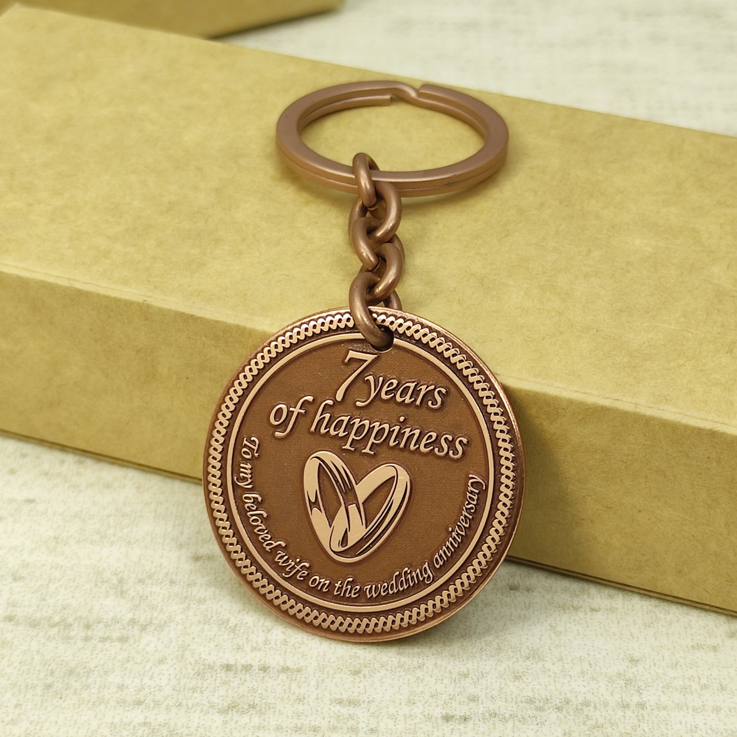 Copper Keychain Coin "7 Years of Happiness" — Personalized 7th Wedding Anniversary Gift for Wife