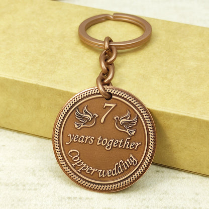 Copper Coin Keychain for 7th Wedding Anniversary with Personalization - 7 Years Together Gift