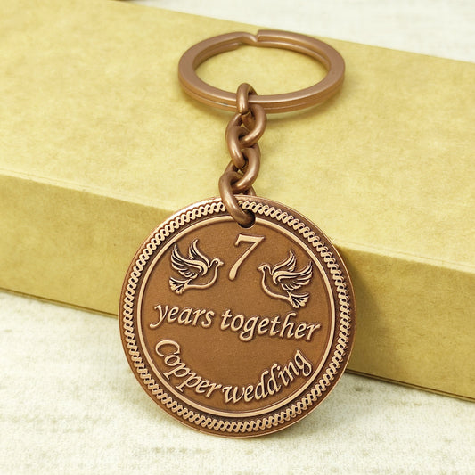 Copper Coin Keychain for 7th Wedding Anniversary with Personalization - 7 Years Together Gift
