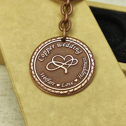 Copper Wedding 7th Anniversary Personalized Copper Coin Keychain - Gift for Couple