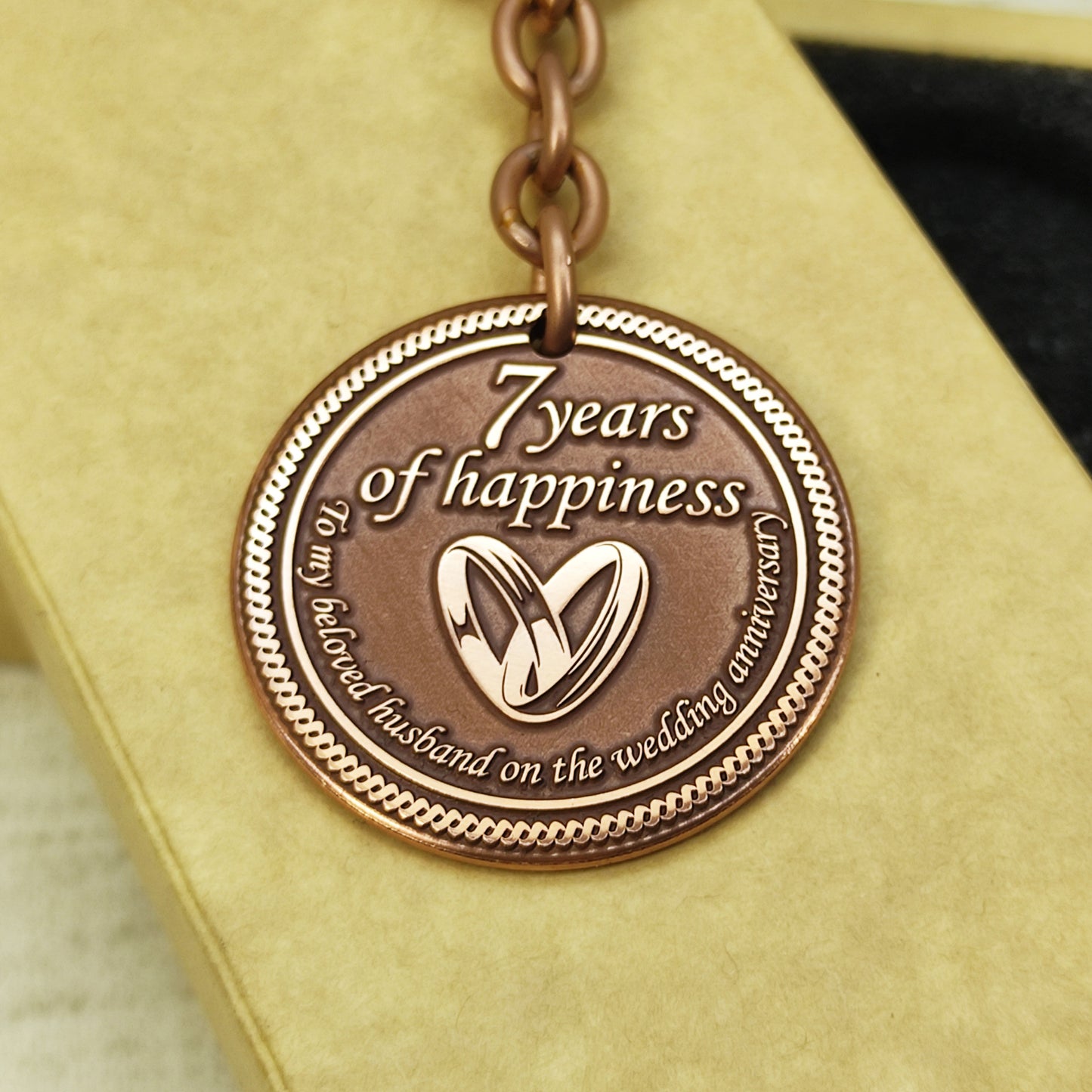Copper Keychain Coin "7 Years of Happiness" — Personalized 7th Wedding Anniversary Gift for Husband