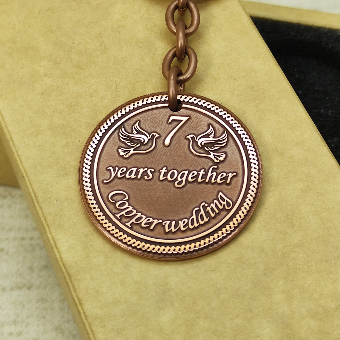 Copper Coin Keychain for 7th Wedding Anniversary with Personalization - 7 Years Together Gift