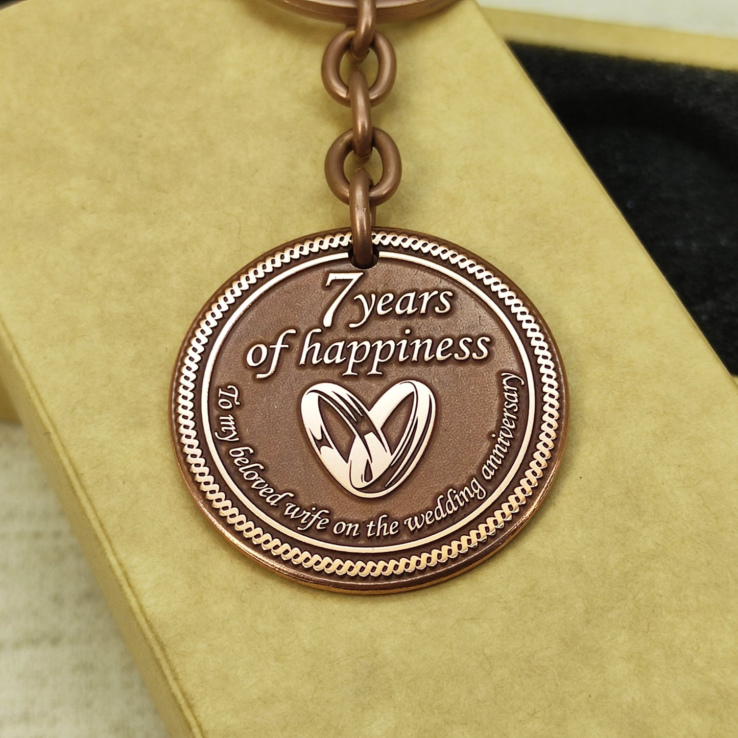 Copper Keychain Coin "7 Years of Happiness" — Personalized 7th Wedding Anniversary Gift for Wife