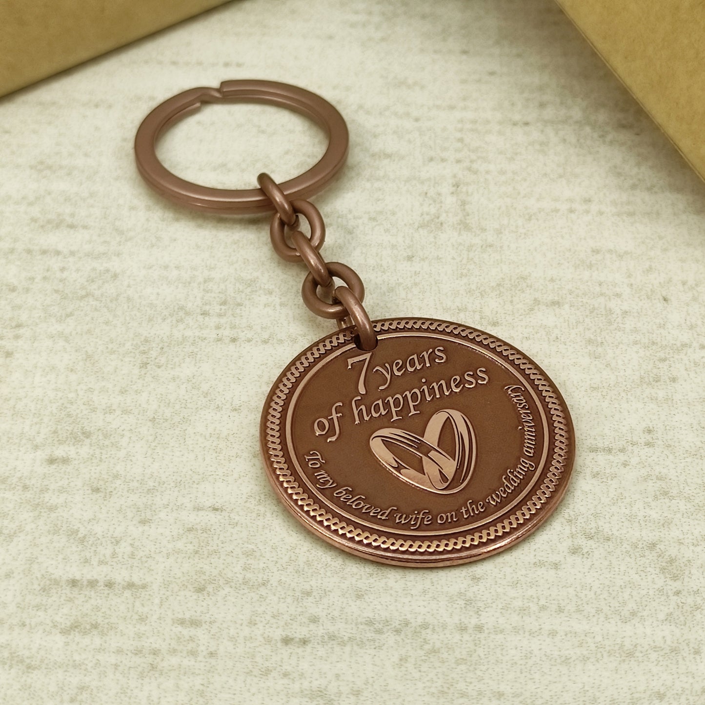 Copper Keychain Coin "7 Years of Happiness" — Personalized 7th Wedding Anniversary Gift for Wife