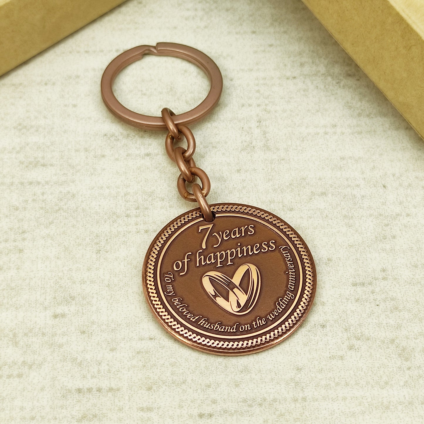 Copper Keychain Coin "7 Years of Happiness" — Personalized 7th Wedding Anniversary Gift for Husband