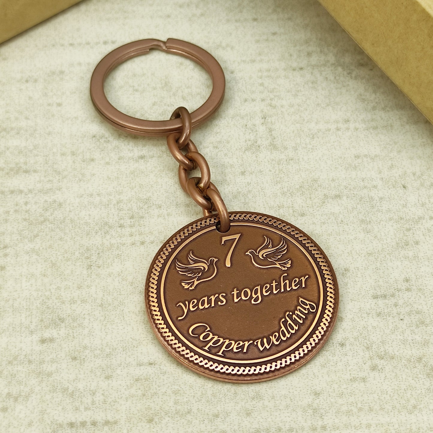 Copper Coin Keychain for 7th Wedding Anniversary with Personalization - 7 Years Together Gift