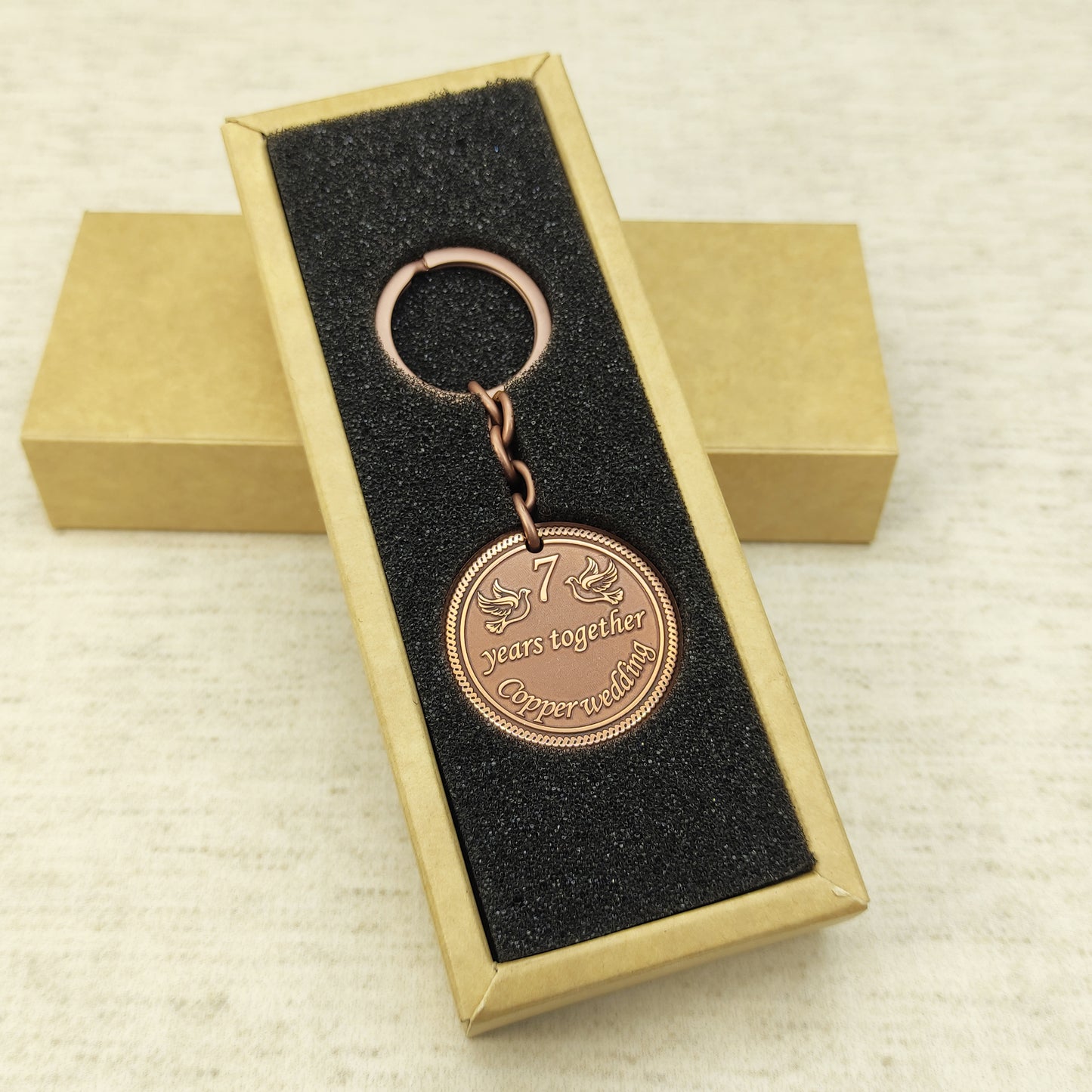 Copper Coin Keychain for 7th Wedding Anniversary with Personalization - 7 Years Together Gift